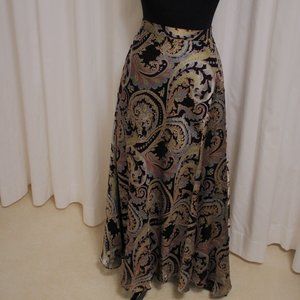 Silky, graceful Coldwater Creek Black, silver, gray, rose & blue maxi skirt, M